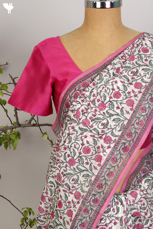 Kota Doria Saree in a Pink Floral Hand Block Print